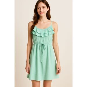 Free People Flutter Away Sundress XS Green White Stripe Ruffle Cotton Cruise